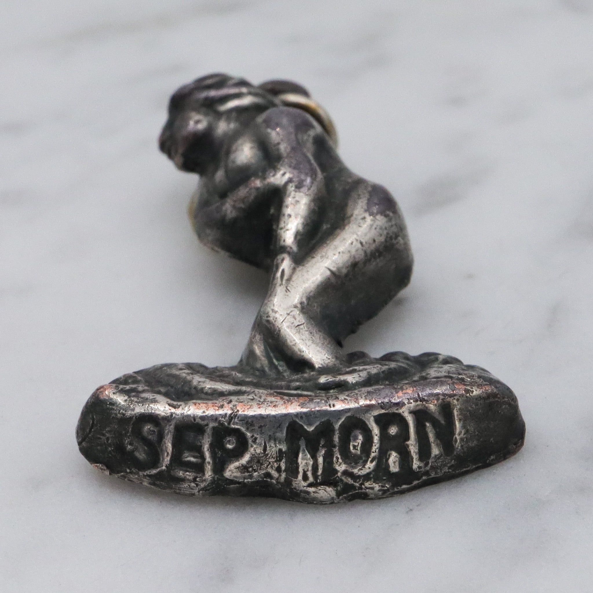 Rare Antique silver plated "September Mourn" statue charm pendant